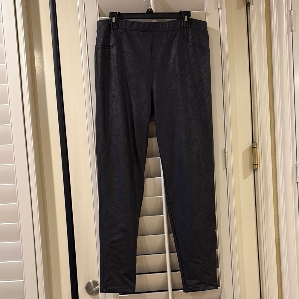 Karen Kane Faux Leather Black Leggings with Tapered Fit and Elastic Waistband